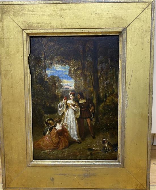 19th century English School, oil on wooden panel, Medieval figures in woodland, 33 x 23cm